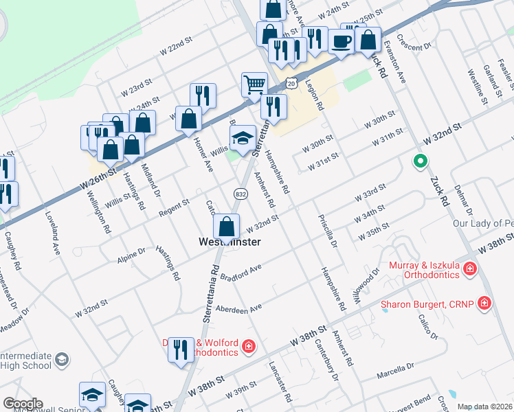 map of restaurants, bars, coffee shops, grocery stores, and more near 3103 Greeley Ave in Erie