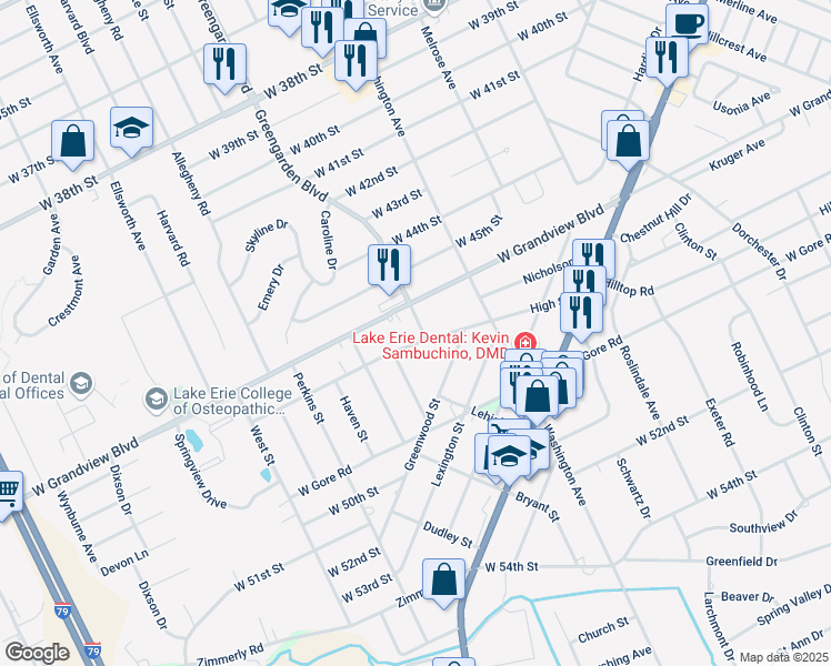 map of restaurants, bars, coffee shops, grocery stores, and more near 1604 High St in Erie