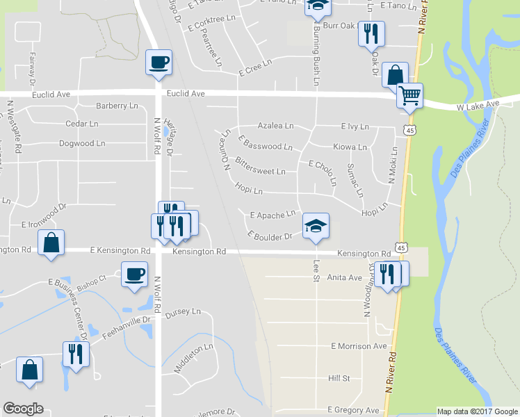 map of restaurants, bars, coffee shops, grocery stores, and more near 1804 East Apache Lane in Mount Prospect