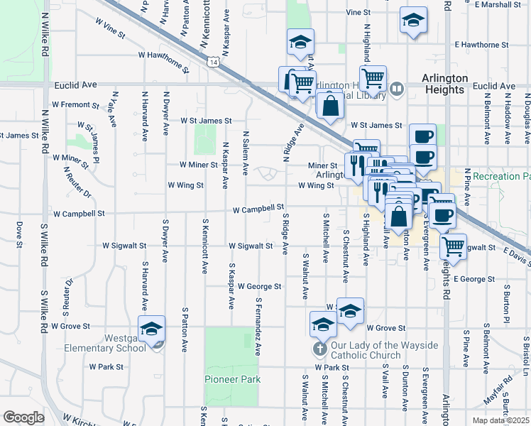 map of restaurants, bars, coffee shops, grocery stores, and more near 619 West Campbell Street in Arlington Heights