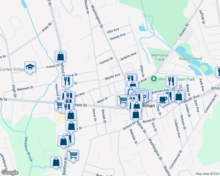 map of restaurants, bars, coffee shops, grocery stores, and more near 29 Cottage Street in Whitman