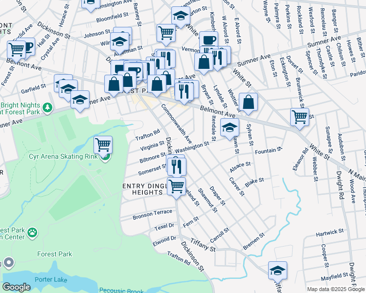 map of restaurants, bars, coffee shops, grocery stores, and more near 34 Washington St in Springfield
