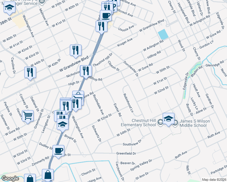 map of restaurants, bars, coffee shops, grocery stores, and more near 5025 Exeter Rd in Erie