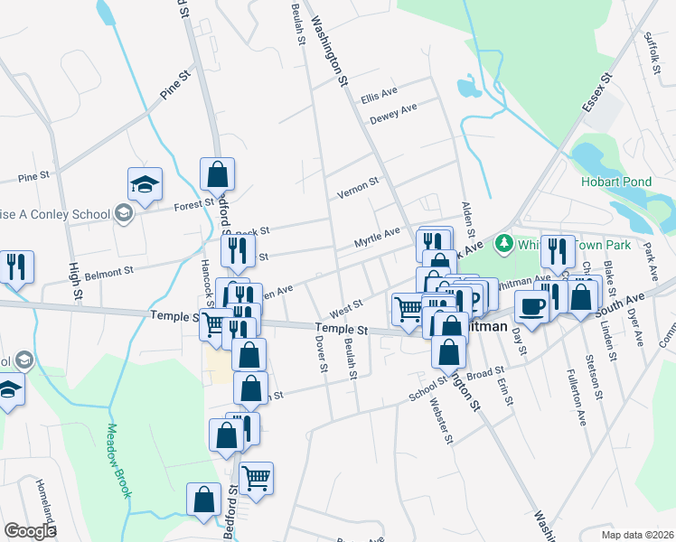 map of restaurants, bars, coffee shops, grocery stores, and more near 90 Warren Avenue in Whitman