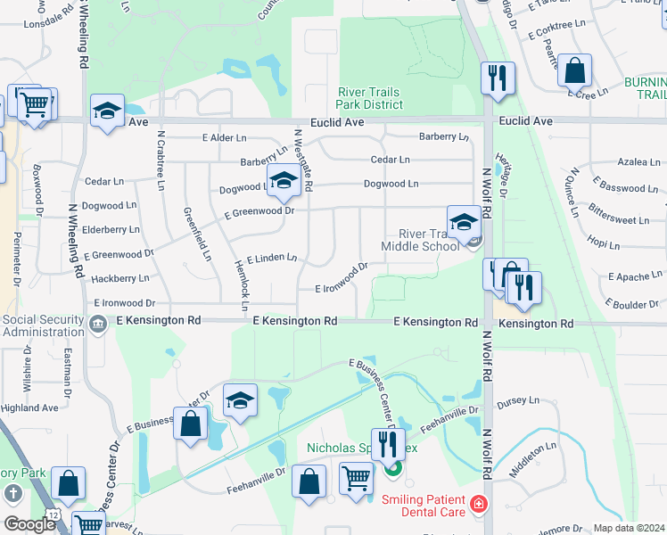 map of restaurants, bars, coffee shops, grocery stores, and more near 1311 East Mulberry Lane in Mount Prospect