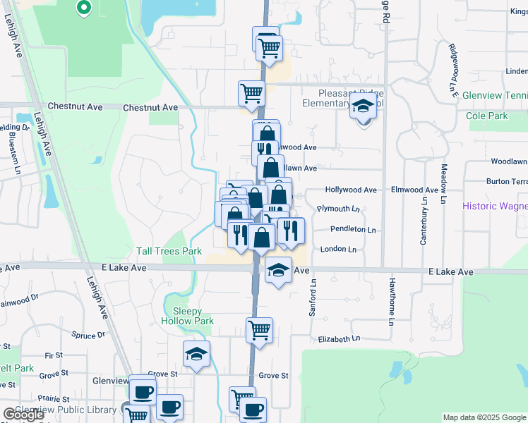 map of restaurants, bars, coffee shops, grocery stores, and more near 1529 Waukegan Road in Glenview