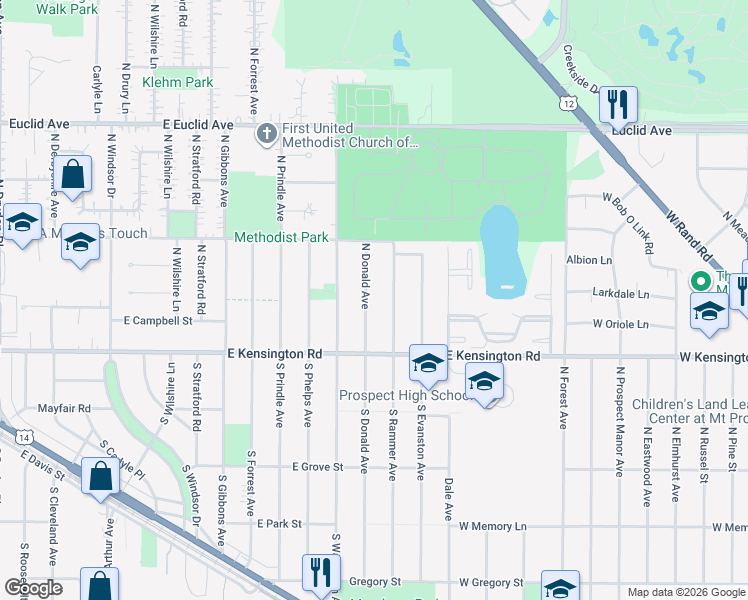 map of restaurants, bars, coffee shops, grocery stores, and more near 20 North Rammer Avenue in Arlington Heights