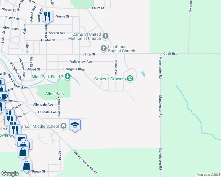 map of restaurants, bars, coffee shops, grocery stores, and more near 48 Pinedale Avenue in Jamestown