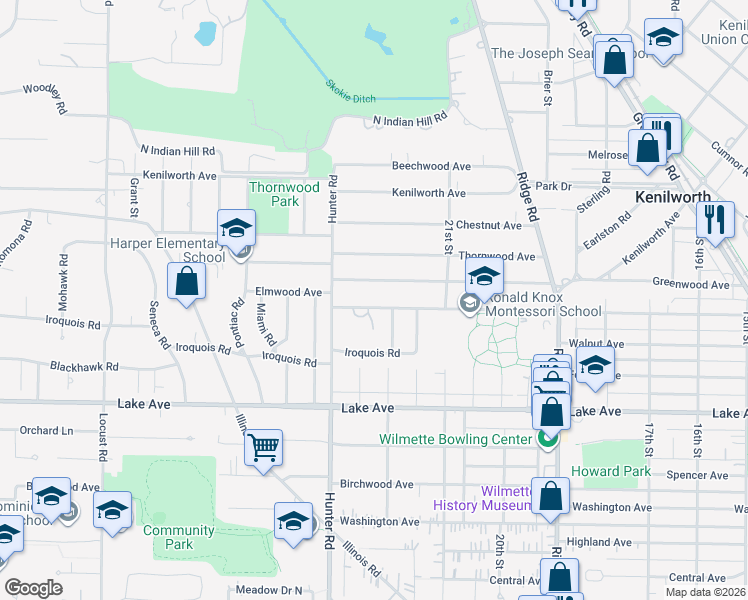 map of restaurants, bars, coffee shops, grocery stores, and more near 2210 Elmwood Ave in Wilmette