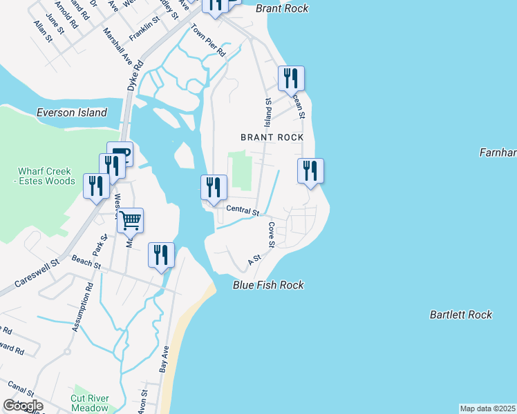 map of restaurants, bars, coffee shops, grocery stores, and more near 2 Island Street in Marshfield