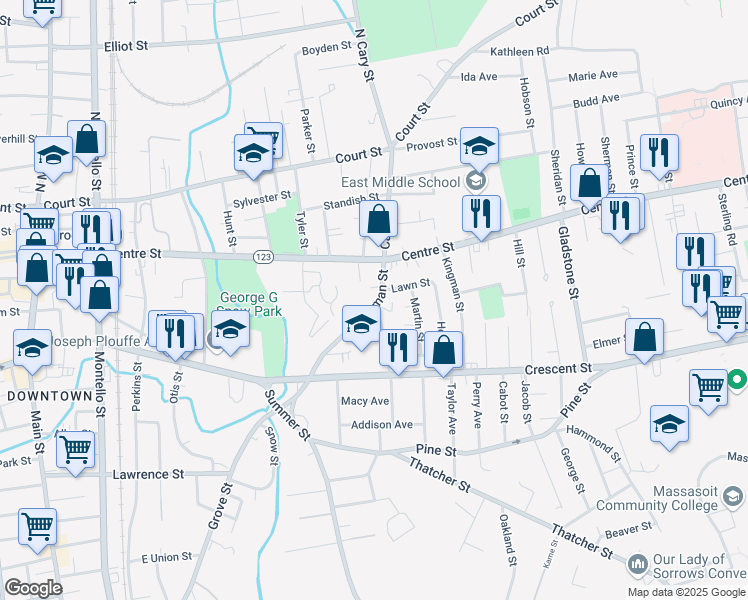 map of restaurants, bars, coffee shops, grocery stores, and more near 45 Lyman Street in Brockton