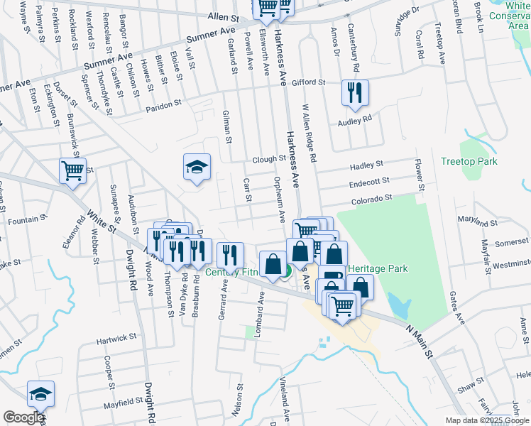 map of restaurants, bars, coffee shops, grocery stores, and more near 36 Orpheum Avenue in Springfield