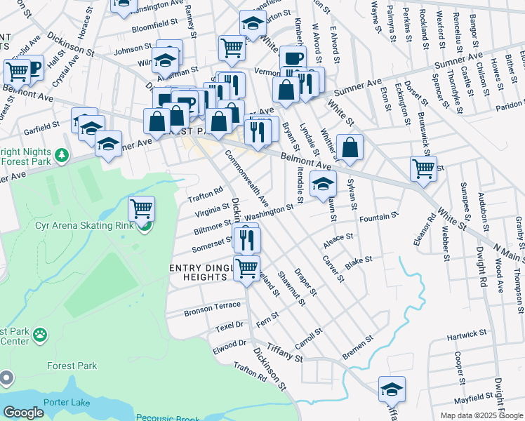 map of restaurants, bars, coffee shops, grocery stores, and more near 34 Washington Street in Springfield