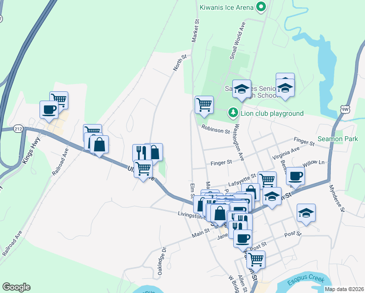 map of restaurants, bars, coffee shops, grocery stores, and more near 106 Elm St in Saugerties