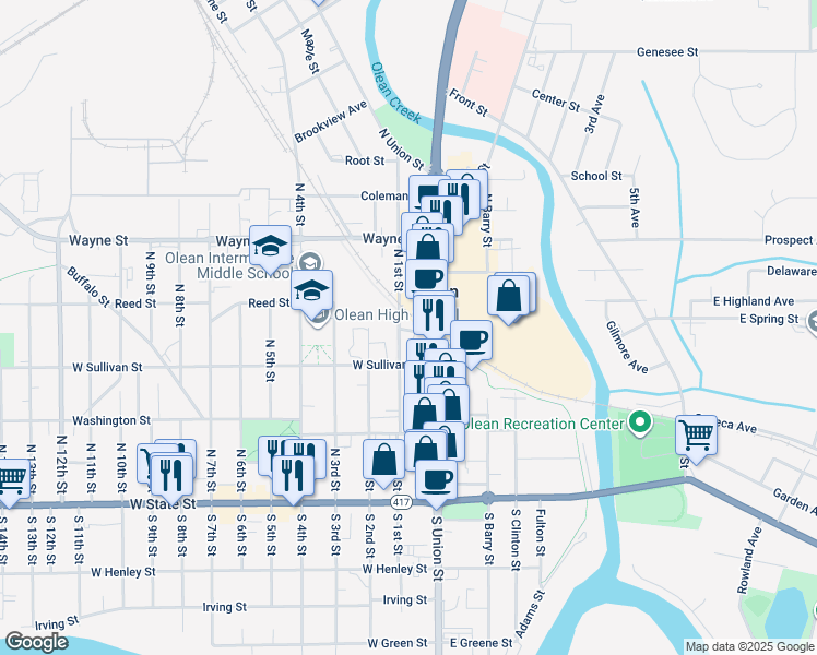 map of restaurants, bars, coffee shops, grocery stores, and more near 102 Whitney Avenue in Olean
