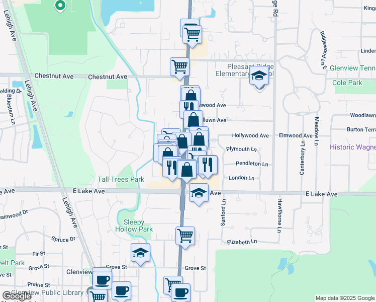 map of restaurants, bars, coffee shops, grocery stores, and more near 1529 Waukegan Road in Glenview