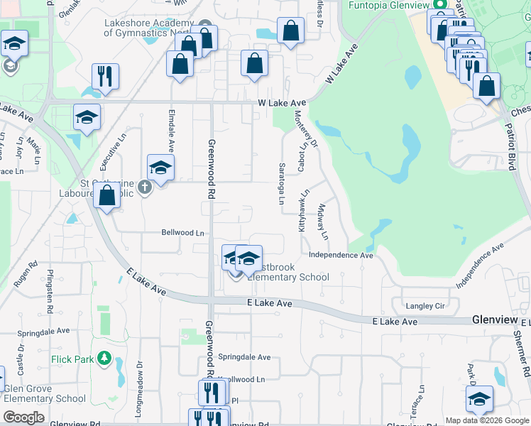 map of restaurants, bars, coffee shops, grocery stores, and more near 1502 Saratoga Lane in Glenview