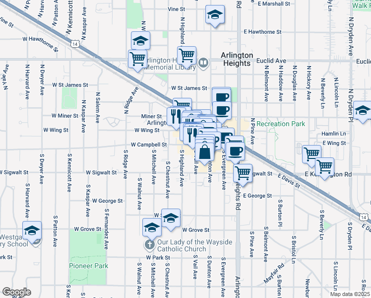 map of restaurants, bars, coffee shops, grocery stores, and more near 7 South Highland Avenue in Arlington Heights