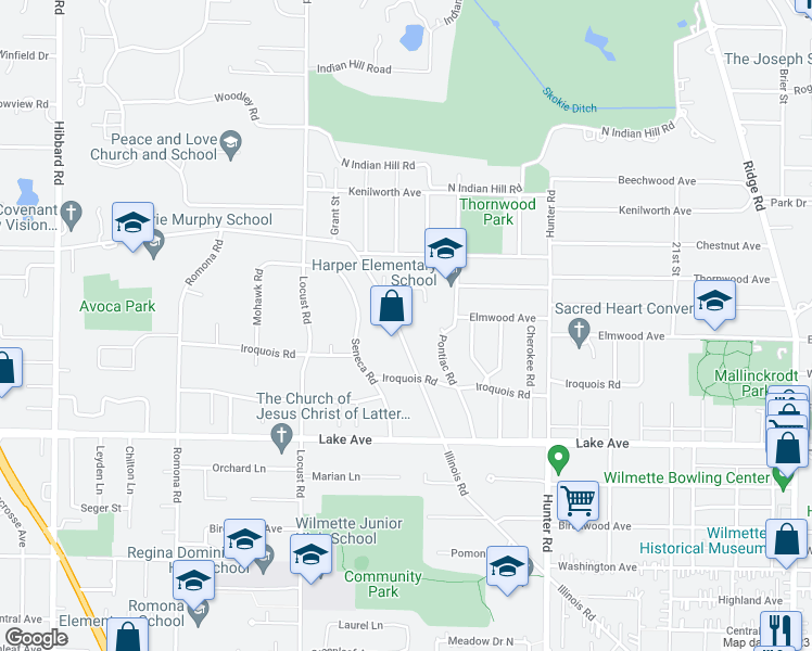 map of restaurants, bars, coffee shops, grocery stores, and more near 1044 Illinois Road in Wilmette