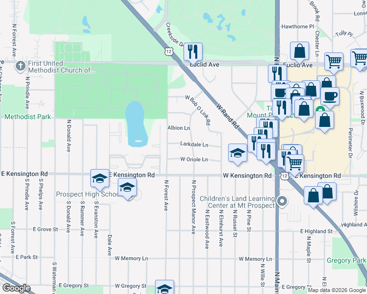 map of restaurants, bars, coffee shops, grocery stores, and more near 609 Larkdale Lane in Mount Prospect