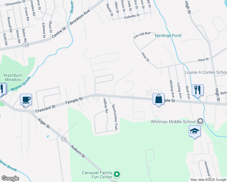 map of restaurants, bars, coffee shops, grocery stores, and more near 14 Glenwood Street in Whitman