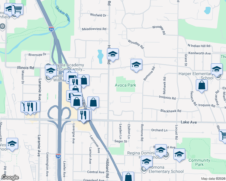 map of restaurants, bars, coffee shops, grocery stores, and more near 1036 Hibbard Road in Wilmette