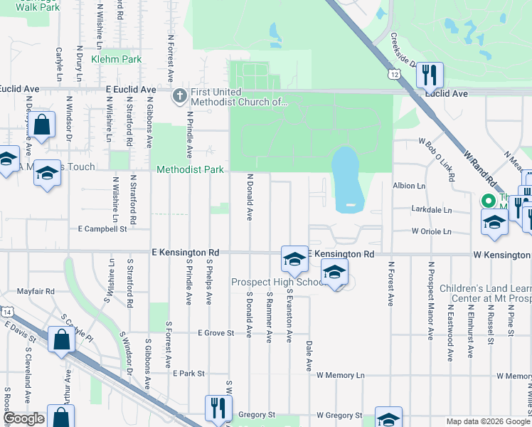 map of restaurants, bars, coffee shops, grocery stores, and more near 20 North Rammer Avenue in Arlington Heights