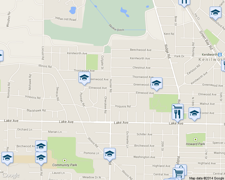 map of restaurants, bars, coffee shops, grocery stores, and more near 2244 Elmwood Avenue in Wilmette
