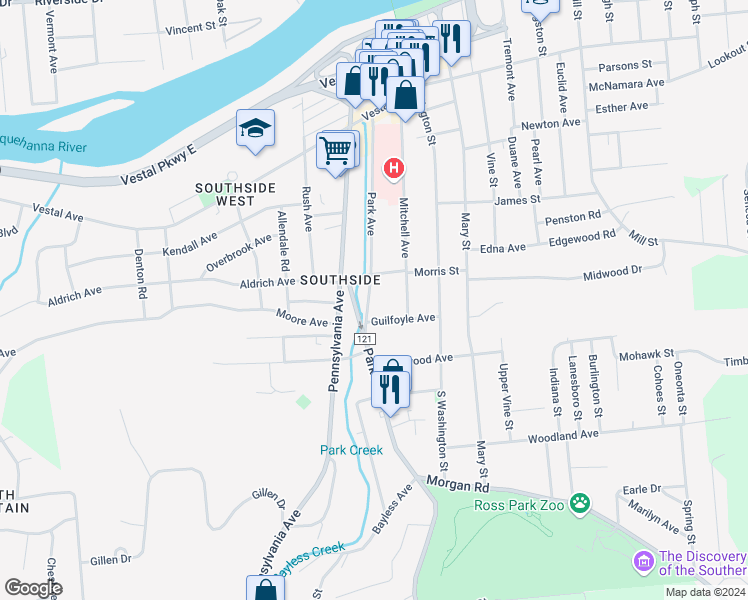 map of restaurants, bars, coffee shops, grocery stores, and more near 83 County Road 121 in Binghamton