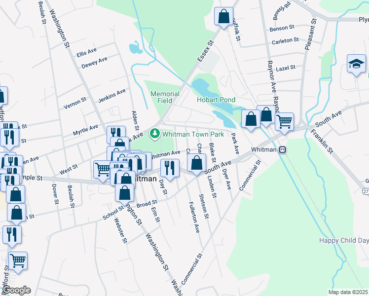 map of restaurants, bars, coffee shops, grocery stores, and more near 60 Court Street in Whitman