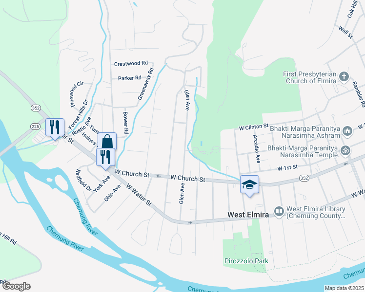 map of restaurants, bars, coffee shops, grocery stores, and more near 323 Glen Avenue in Elmira