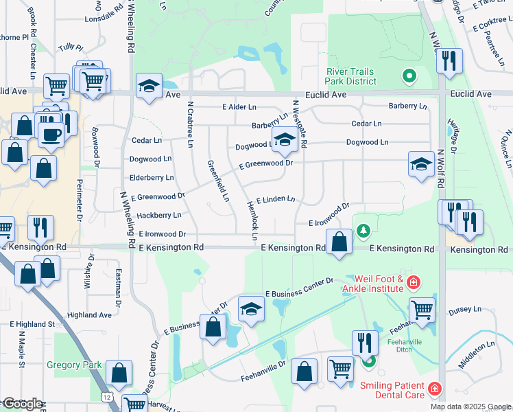 map of restaurants, bars, coffee shops, grocery stores, and more near 1101 East Linden Lane in Mount Prospect