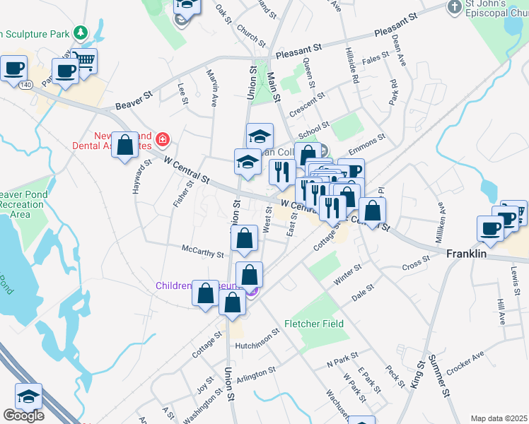 map of restaurants, bars, coffee shops, grocery stores, and more near 15 West Street in Franklin