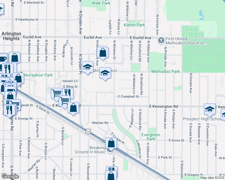 map of restaurants, bars, coffee shops, grocery stores, and more near 12 North Windsor Drive in Arlington Heights