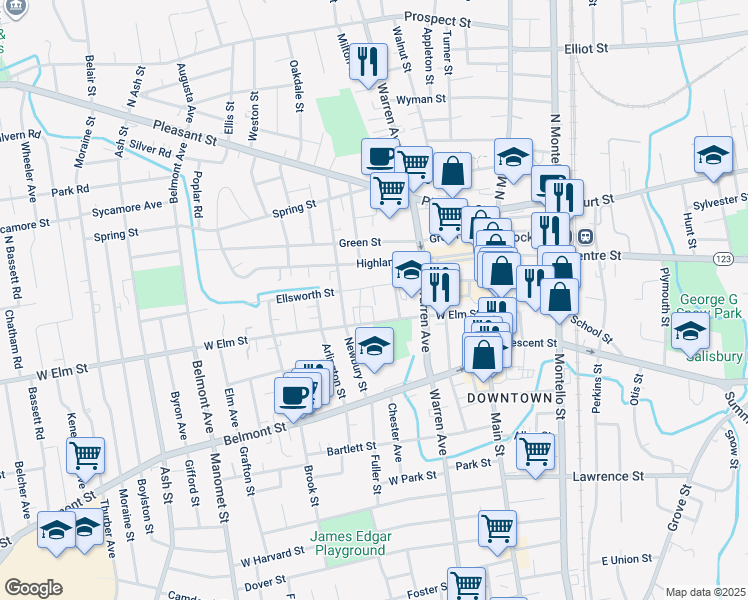 map of restaurants, bars, coffee shops, grocery stores, and more near 12 Palm Place in Brockton