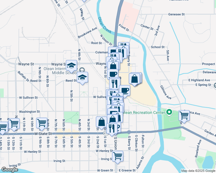 map of restaurants, bars, coffee shops, grocery stores, and more near 122 Whitney Avenue in Olean