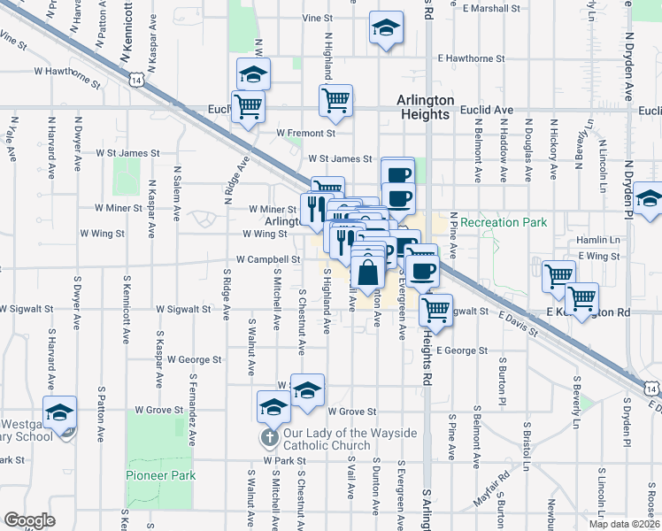 map of restaurants, bars, coffee shops, grocery stores, and more near 7 South Highland Avenue in Arlington Heights