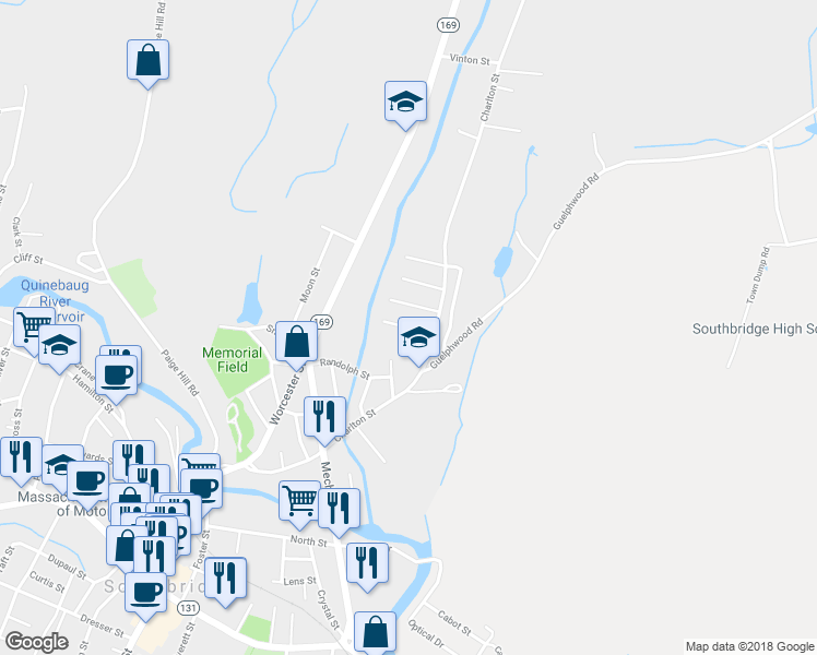 map of restaurants, bars, coffee shops, grocery stores, and more near 50 Fairlawn Avenue in Southbridge