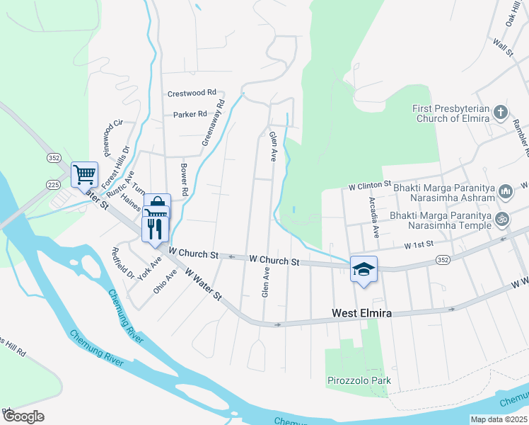 map of restaurants, bars, coffee shops, grocery stores, and more near 321 Glen Avenue in Elmira