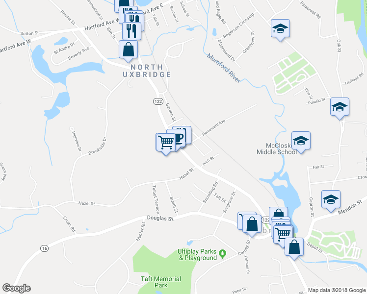 map of restaurants, bars, coffee shops, grocery stores, and more near 4 Homeward Avenue in Uxbridge