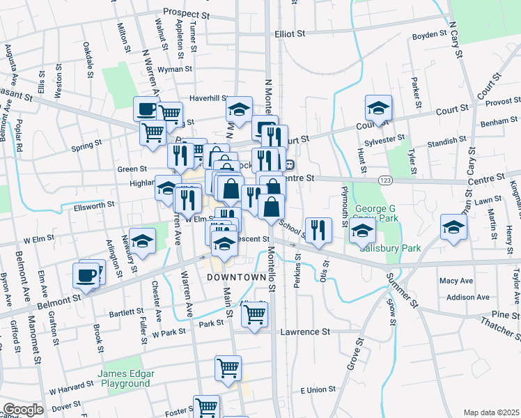 map of restaurants, bars, coffee shops, grocery stores, and more near 70 School Street in Brockton