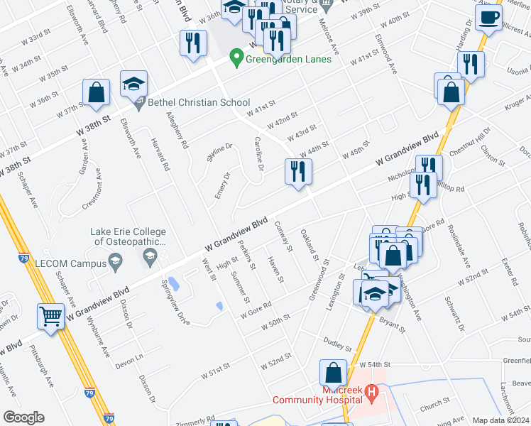 map of restaurants, bars, coffee shops, grocery stores, and more near 1654 West Grandview Boulevard in Erie