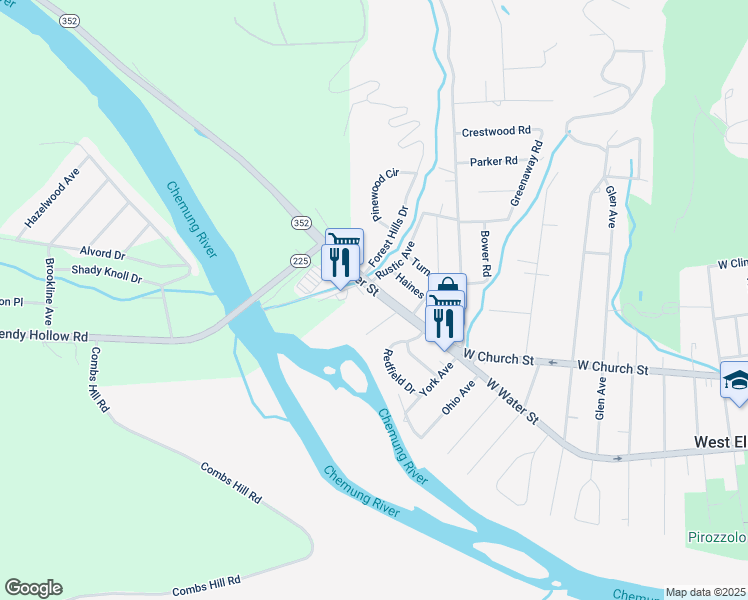 map of restaurants, bars, coffee shops, grocery stores, and more near 1843 West Water Street in Elmira