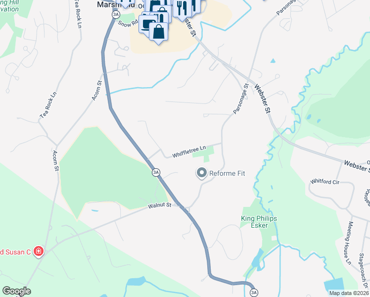map of restaurants, bars, coffee shops, grocery stores, and more near 60 Whiffletree Lane in Marshfield