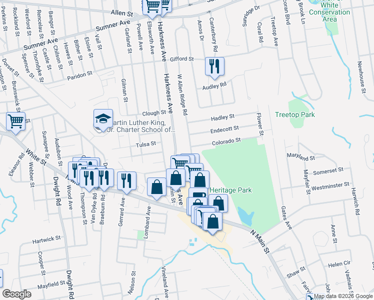 map of restaurants, bars, coffee shops, grocery stores, and more near 17 West Allen Ridge Road in East Longmeadow