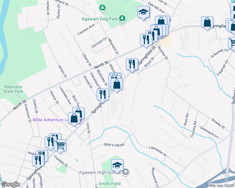 map of restaurants, bars, coffee shops, grocery stores, and more near 495 Springfield Street in Agawam