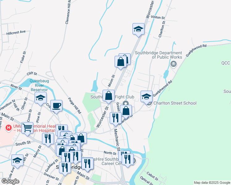 map of restaurants, bars, coffee shops, grocery stores, and more near 170 Worcester Street in Southbridge