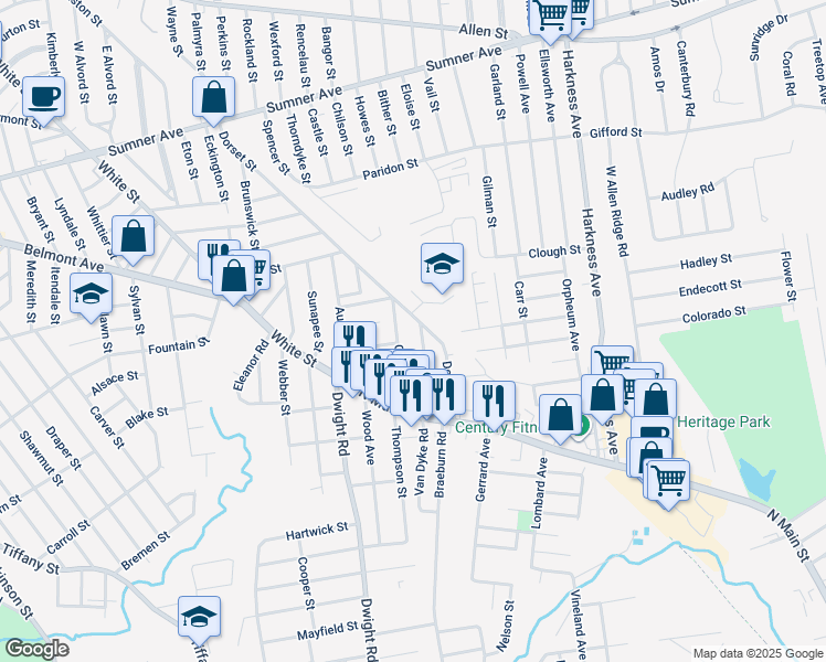 map of restaurants, bars, coffee shops, grocery stores, and more near 92-94 Barnum Street in Springfield