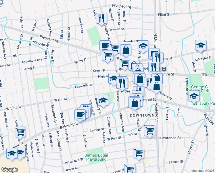 map of restaurants, bars, coffee shops, grocery stores, and more near 12 Palm Place in Brockton