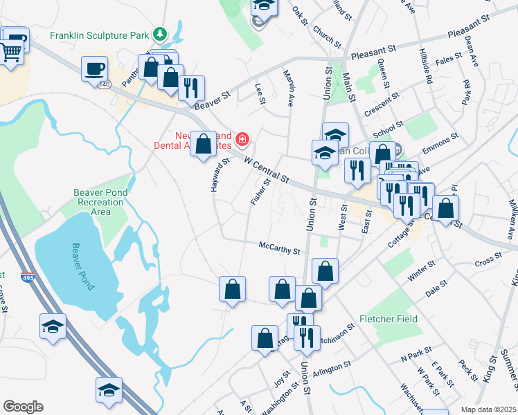 map of restaurants, bars, coffee shops, grocery stores, and more near 46 Fisher Street in Franklin